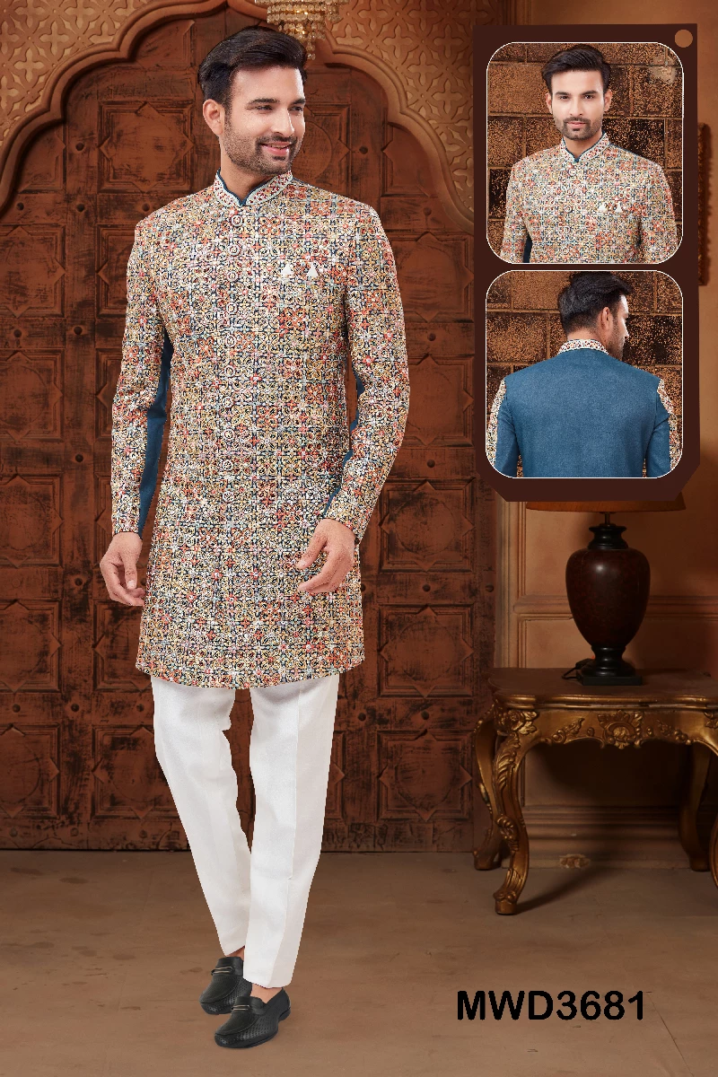 Blue Embroidered Art Silk Readymade Mens Sherwani, 36-1.webp